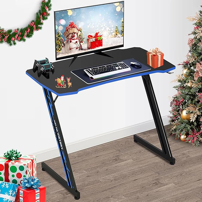 BLKMTY 35 Inch Gaming Desk Computer Desk with Headphone Hook Modern Gamer Desks Table for Home Office Dorm Sturdy Writing Workstation Z-Shaped Carbon Fiber Black Blue