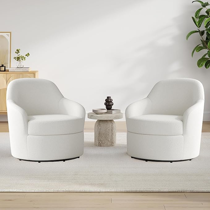 Swivel Accent Chairs Set of 2 Round Barrel Chairs with Washable Detachable Cover Living Room Chairs with Solid Mental Base Upholstered Accent Chairs for Living Room Bedroom Teddy (White)