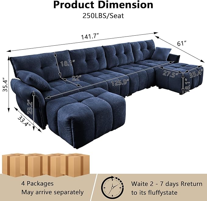 Aoowow Modular Sectional Sofa with Movable Ottoman 141.7” Chenille U Shaped Sofa Couch Upholstered Comfy 4-Seater Couches with Pillows for Living Room Apartment OfficeBlue
