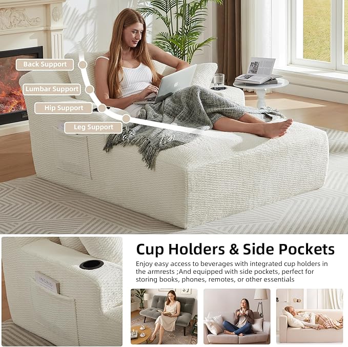 Oversized Chaise Lounge Chair - Upholstered Couch Cloud Boneless ChairDeep Seat Sleeper Sofa with Cup Holders and Side PocketsComfy Reading Chair for Living Room (Cream)