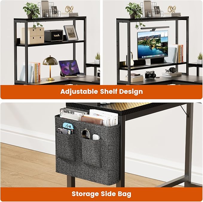 REAHOME 70 Inch L Shaped Desk with File Drawers and Reversible Storage Shelves Computer Desk with Power Outlet &amp LED Strip Home Office Desks Writing Study Desk for Bedroom Carbon Fiber Black