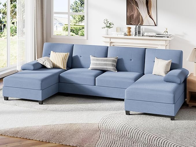 JY QAQA Sectional Couche with Soft Cushion U-Shaped Sofa with Double Chaise 4-Seat Linen Fabric Sofa Sets for Living Room Apartment Blue