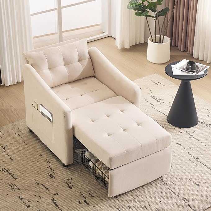 Bezseller Convertible Sofa Bed Chair 3-in-1 Sleeper Chair with Storage Drawer Pull Out Couch with Side Pocket Pillow and Adjustable Backrest for Small Spaces Living Room Beige