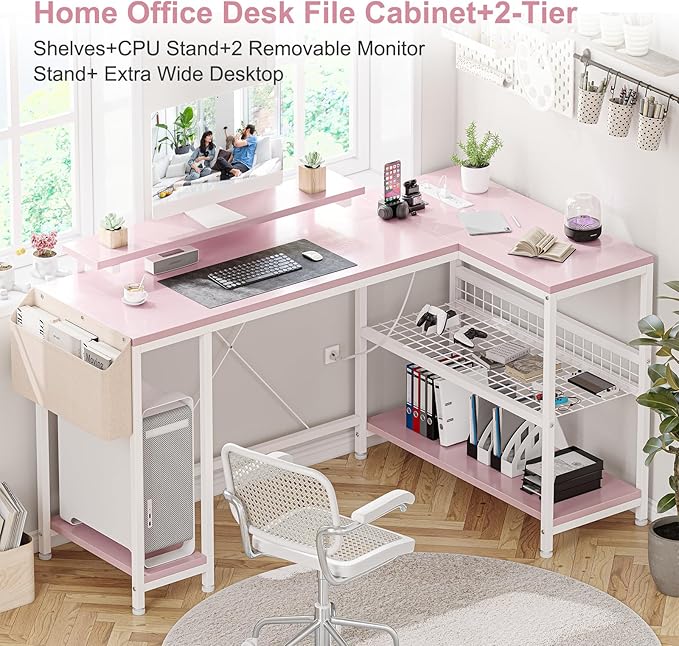 Jojoka L Shaped Computer Desk with Power Outlets &amp LED Light 49.6 Reversible Corner Computer Desk with Storage Shelves &amp Monitor Stand Home Office Desk Gaming Desk Writing Desk (Pink)
