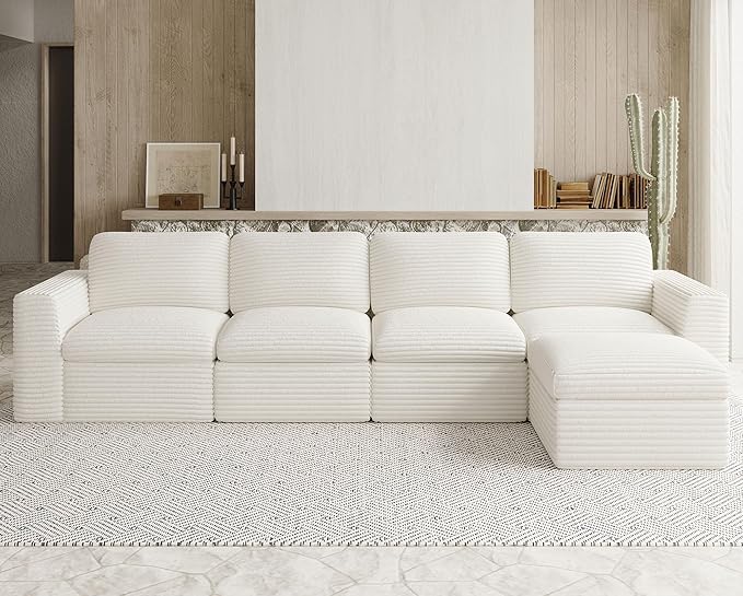 Boneless Sectional Cloud Couch with Deep Seat Plush Corduroy Modular Sectional Sofa Convertible L Shaped Couches for Living Room. White Sofa.