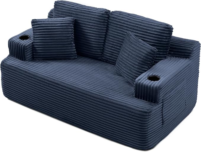 Floor Loveseat Boneless Sofa Couch in a Box with Cup Holder and Side Pockets Corduroy Upholstered 2 Seater Cloud Foam Sofa with Deep Seating for Living Room No Assembly | Breathable material Cuphol