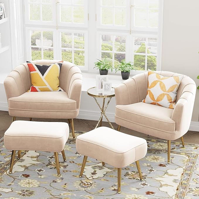 Velvet Accent Chairs with Ottoman for Living Room Bedroom Office Leisure Upholstered Single Sofa Chair Arm Chair Comfy Chair Reading Club Coffee Chair with Metal Legs Beige