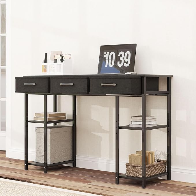 HOMCOM 47 Computer Desk with 3 Fabric Drawers Home Office Desk with Adjustable Shelves Small Writing Desk with Storage Black