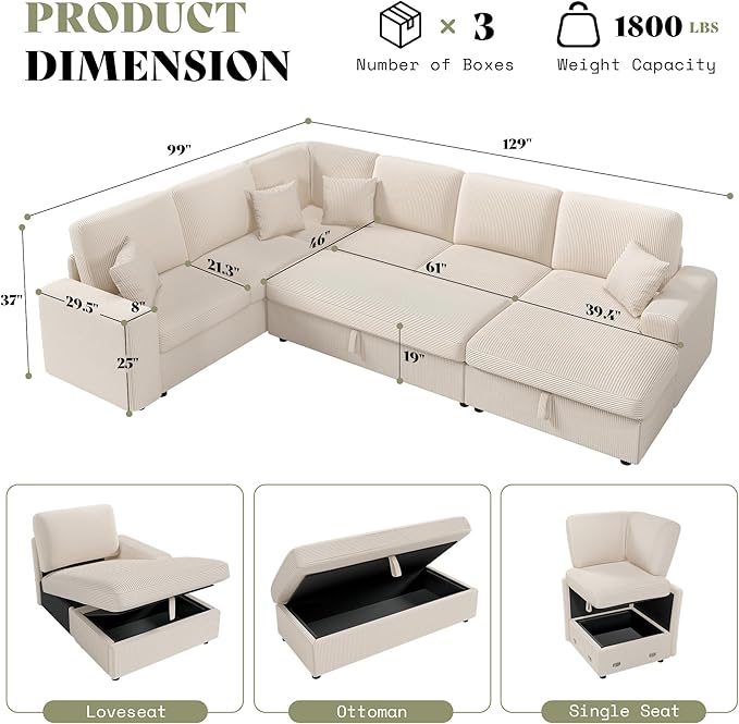 AMERLIFE 129 Inch Sectional Couches for Living RoomSectional Couch with Storage &amp OttomanModular Sectional Sofa Converts to SleeperCloud Couch Sectional for Large Space with CorduroyOff-White