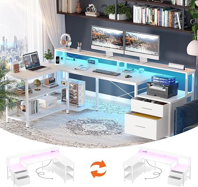 Aheaplus L Shaped Desk with Power Outlet Reversible L Shaped Computer Desk with File Drawer &amp Monitor Stand Gaming Desks with LED Strip Home Office Desk with Storage Shelf White
