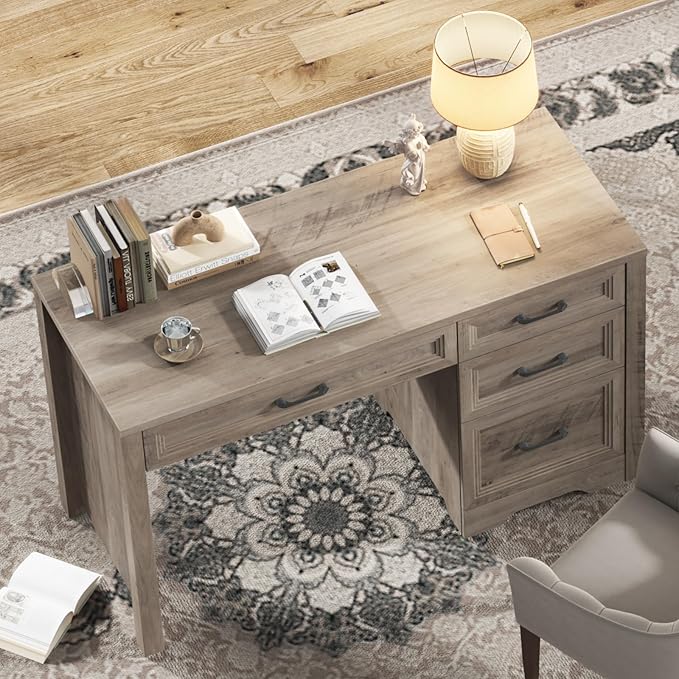 Vabches Farmhouse Executive Desk with Drawers Home Office Desk with File Drawer Wood Computer Desk with Ample Storage Rustic Office Desk with Spacious Tabletop for Work Grey