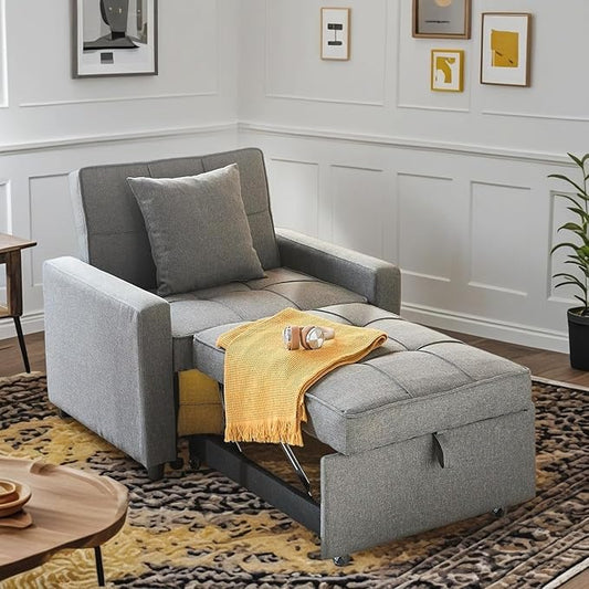 3-in-1 Convertible Sleeper Chair Pullout Chair with Extra Pillow Recliner Sofa Bed with 4 Adjustable Angles Convertible Lazy Sofa Bed for Small Spaces Home Office Light Gray