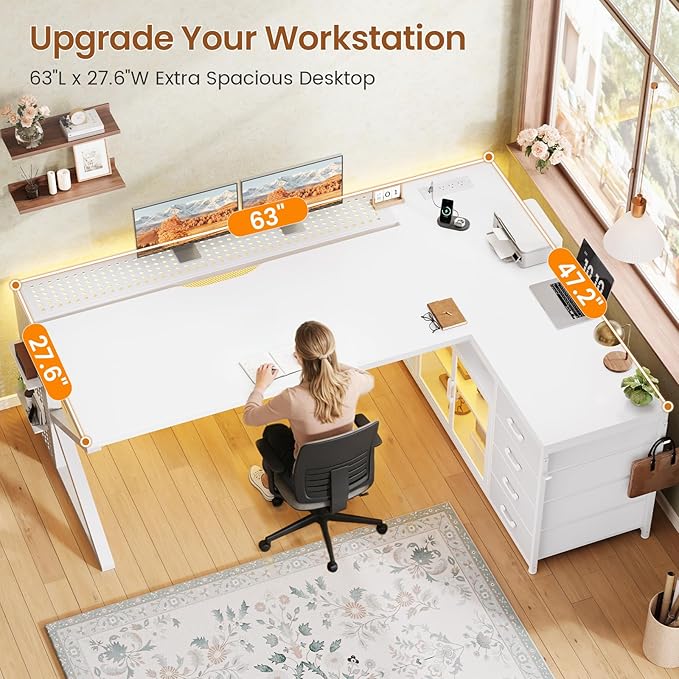 SEDETA L Shaped Gaming Desk 63 Lx27.6 W Computer Desk with 4 Drawers &amp Display Cabinet Executive Office Desk with Storage Shelves &amp LED Light for Home Office White