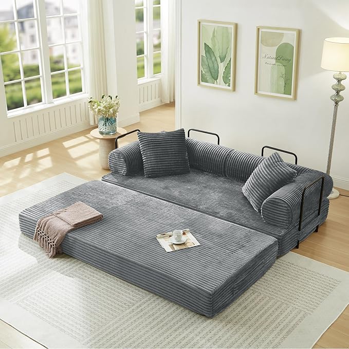 78.5W Convertible Folding Sofa Bed Corduroy Upholstered Queen Size Foam Floor Couch with Fixed-Shaped Frame Loveseat Sleeper Compression Sofa Foldable Mattress for Living Room Bedroom(Light Grey)