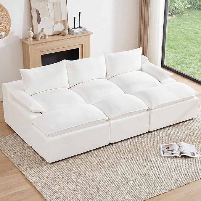 109 3 Seat Boneless Couch with Movable Ottoman Boneless Modular Sectional Sofa Deep Seat Modern Sleeper Sofa Bed for Living Room Cloud Modular Sectional Couch 3 Seat Chenille Chaise Lounge White