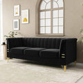 83.46 W Black Velvet Sofa Couch with Metal Gold Legs 3-Seater High Arm Upholstered Sofa for Living Room Bedroom Office (Black)