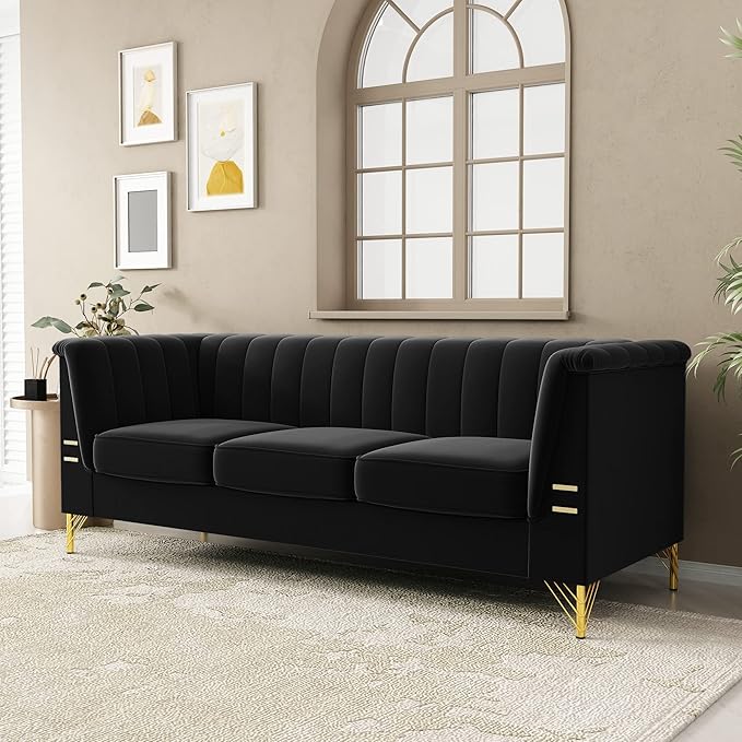83.46 W Black Velvet Sofa Couch with Metal Gold Legs 3-Seater High Arm Upholstered Sofa for Living Room Bedroom Office (Black)