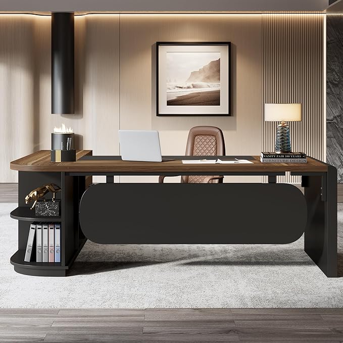 Tribesigns 80'' L-Shaped Desk Set of 2 Large Executive Office Desk with 55'' Drawers Cabinet Modern Computer Table with Storage Shelves Business Furniture for Office Brown