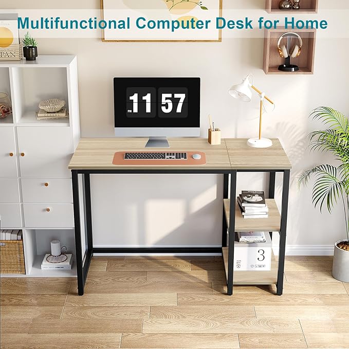 SINPAID Computer Desk 47 inches with 2-Tier Shelves Sturdy Home Office Desks with Large Storage Space Modern Gaming Desk Study Writing Laptop Table Oak