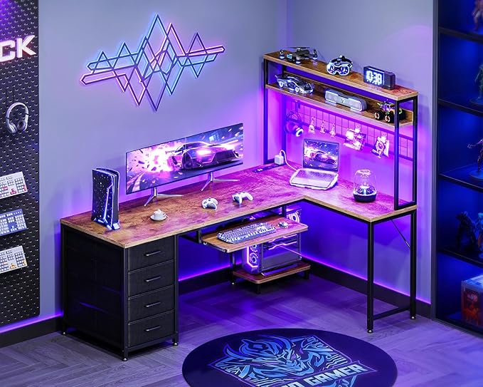 AODK 59 Inch L Shaped Desk with 4 Drawers Gaming Desk with Led Lights &amp Power Outlets Computer Desk with Pegboard Reverisble Home Office Desk with Storage Shelves &amp CPU Stand Vintage