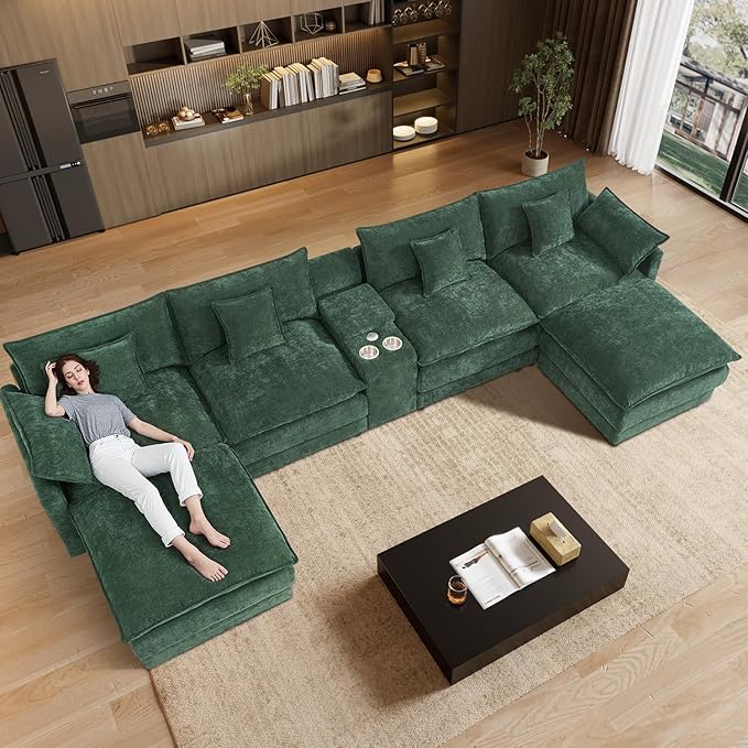 163 Oversized Modular Sectional Sofa U Shaped Cloud Couch Modern 6 Seat Sofa Set for Living Room Comfy Chenille Deep Seat with Storage Central Console Movable Ottomans Cup Holders USB Ports Green
