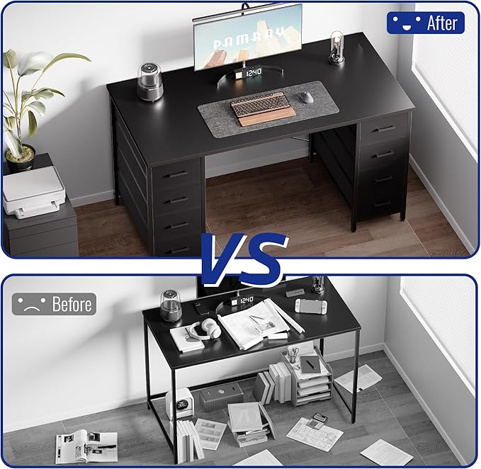Pamray 47 Inch Computer Desk with 8 Fabric Drawers PC Gaming Desk Home Office Study Work Writing Table for Bedroom Grey