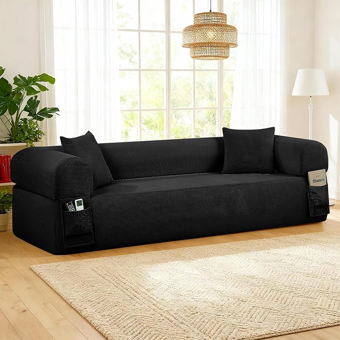 3 Seater Sofa Couch for Living Room (Black 30 D + 2 Pillows)
