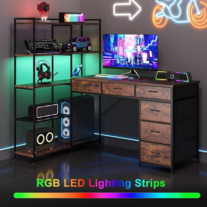 Garvee L Shaped Gaming Computer Desk with 6 Fabric Drawers Corner Gaming Desk with Open Shelves Home Office PC Table with Power Outlets &amp LED Lights 58.3 l*54.3 h Rustic Brown