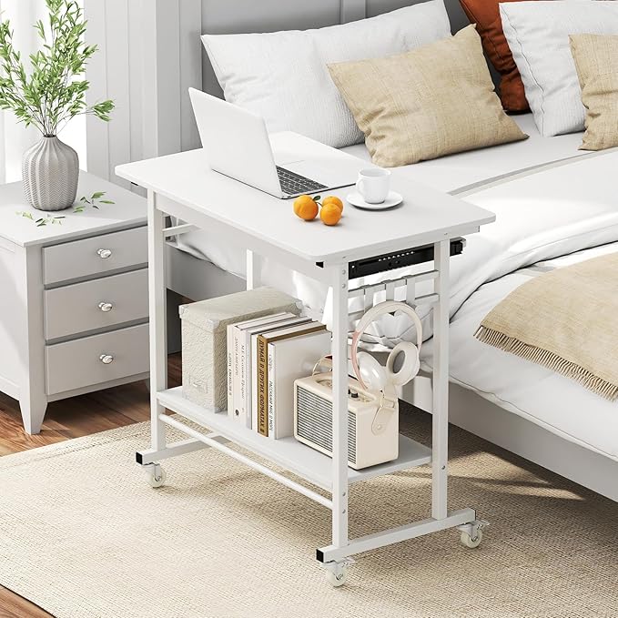 Tangkula Rolling Computer Desk Cart with Keyboard Tray Mobile Portable Laptop PC Desk with CPU Stand &amp 3 Hooks for Sofa &amp Bed Compact Small Desk on Wheels for Small Spaces (White)