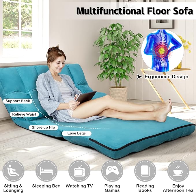 KOMFOTT Adjustable Floor Sofa Bed Foldable Lazy Sofa Sleeper with 6 Position Backrest &amp 2 Pillows Convertible Futon Couch with Suede Cloth Cover Lounge Recliner for Living Room