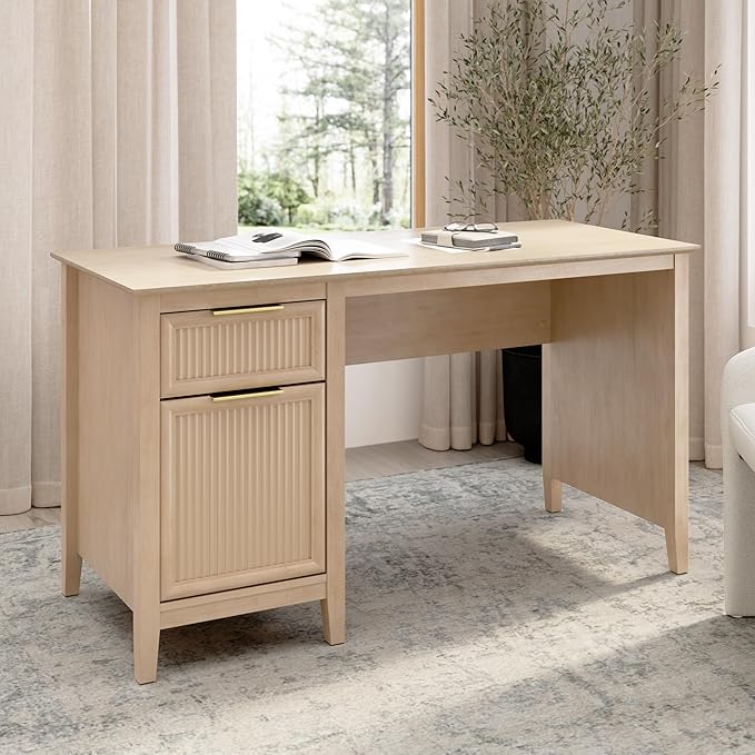 Bush Home 54-Inch Writing Desk with Storage Fluted Computer Study Laptop Table Workstation with Spacious Drawer and Door Storage Home Office Furniture Make Up Vanity Camille Collection Onyx Birch