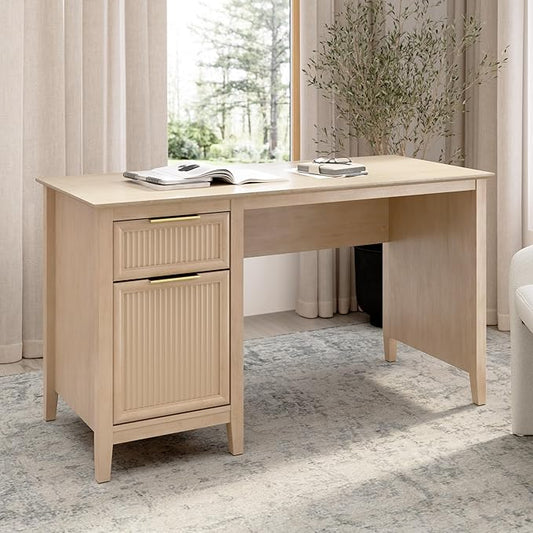 Bush Home 54-Inch Writing Desk with Storage Fluted Computer Study Laptop Table Workstation with Spacious Drawer and Door Storage Home Office Furniture Make Up Vanity Camille Collection Onyx Birch
