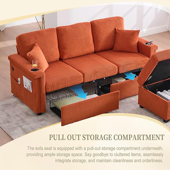 76'' Sectional Sofa Couches for Living Room 3 Seat L-Shaped Couch with Storage &amp Ottoman Corduroy Convertible Sofas with Chaise Apartment with USB Charging Cup Holder (Orange)