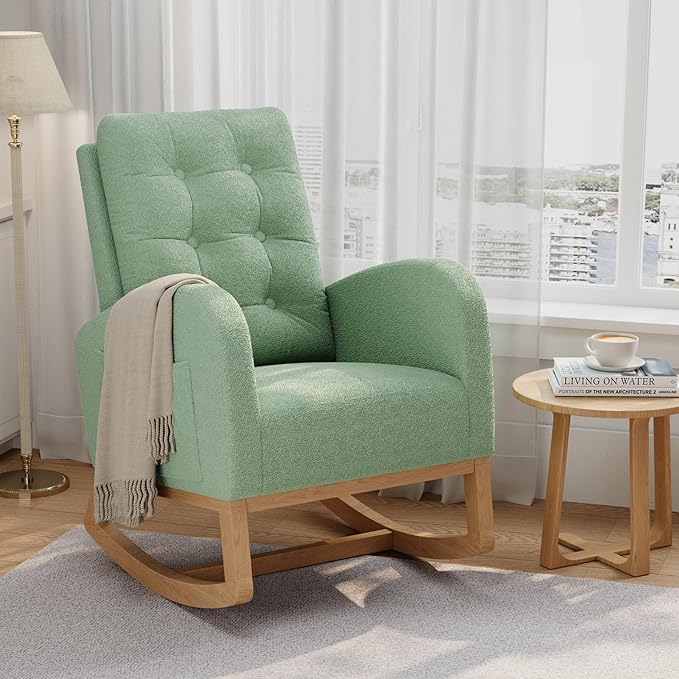 GarveeHome Nursery Rocking Chair Teddy Fleece Upholstery Sturdy Wooden Legs &amp High Backrest Comfortable Glider Rocking Chair for Living Room or Bedroom Light Green