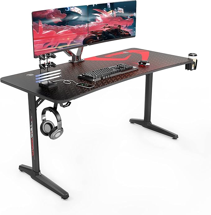 EUREKA ERGONOMIC Gaming Desk 60 inch Computer Desk with Full Mouse Pad Large Gaming Table for 3 MonitorsUSB Handle Rack Cup Holder Headphone Hook Carbon Fiber Black