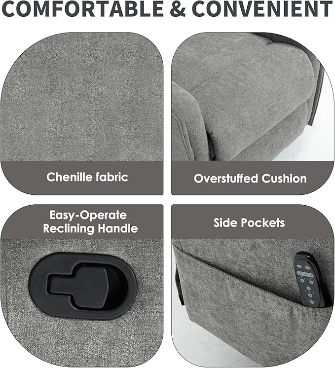 Swivel Rocker Recliner Chair 360° Swivel Recliner with Heat and Massage Rocker Recliner Easy to Clean Nursery Glider Recliner Chair with Side Pockets for Living Room Light Grey