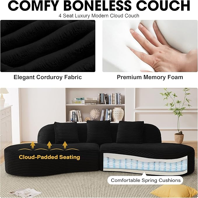 123'' Oversized Curved Sectional Sofa Minimalist Boneless Couches for Living Room with Round Deep Seat 4 Seat Luxury Modern Cloud Couch with Corduroy Fabric No Assembly Black