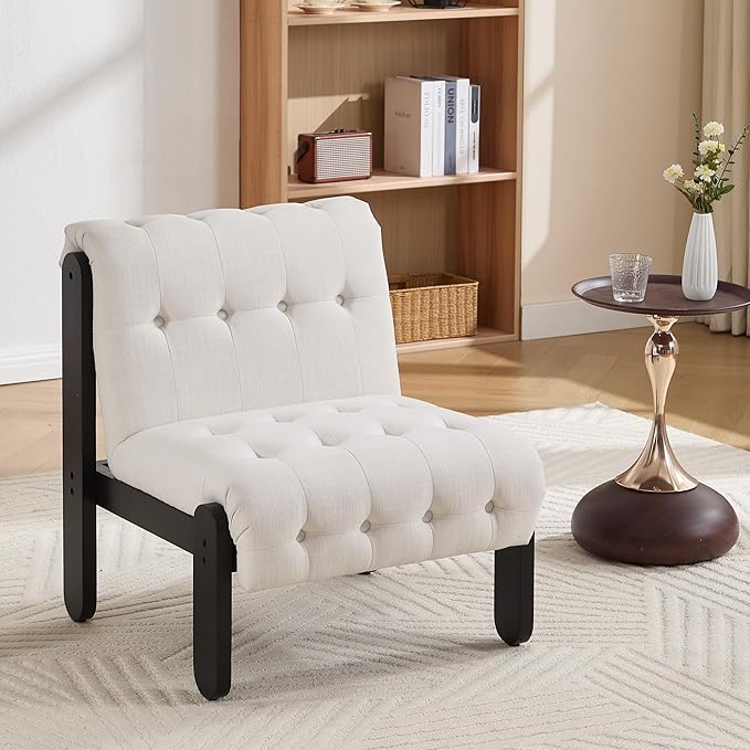Modern Armless Accent Chair for Living Room Beige Chenille Button Tufted Upholstered Lounge Reading Chair with Black Wood Frame
