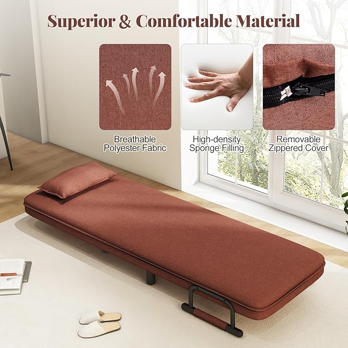Giantex Convertible Sofa Bed 3-in-1 Folding Sleeper Chair with 5-Position Adjustable Backrest Wheels 2 Legs Recliner Chaise Lounge with Pillow Armchairs for Nursery Living Room Office (Brown)