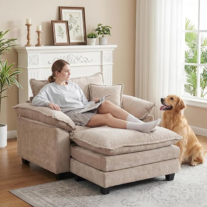 Furniliving 46‘’ Oversized Chair with Ottoman Luxury Chenille Single Sofa Upholstered Deep Seat Chaise Lounge with Pillows for Living Room Bedroom Apartment Camel