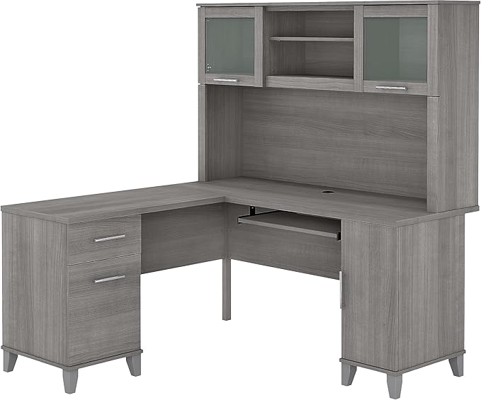 Bush Home Somerset 60W L Shaped Desk with Hutch in Platinum Gray