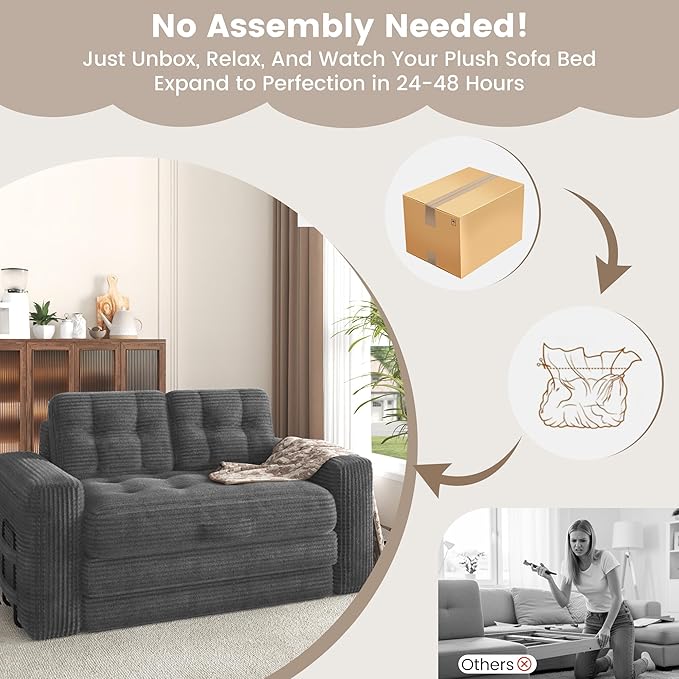 Convertible Sofa Bed 2 in 1 Boneless Couch Bed with 2 Pillows Corduroy Pull out Couch Folding Sofa Bed with Deep Seat Small Loveseat Sleeper Sofa Bed in a Box for Small Spaces No Assembly Required