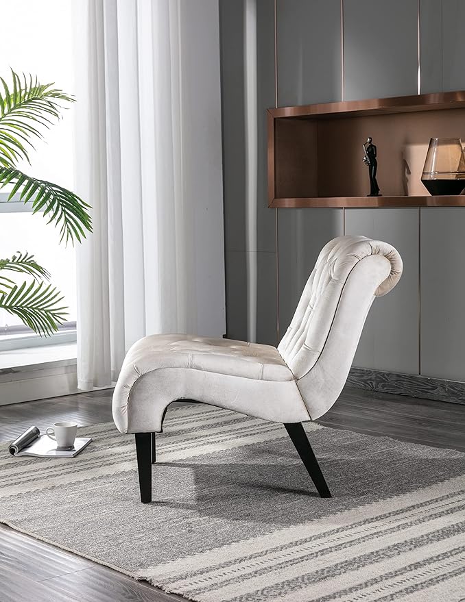 Modern Velvet Armless Accent Living Room Chair Leisure ChairUpholstered Fabric Button Comfortable Chair with Wooden Legs for Bedroom Living Room Office (Beige Velvet)