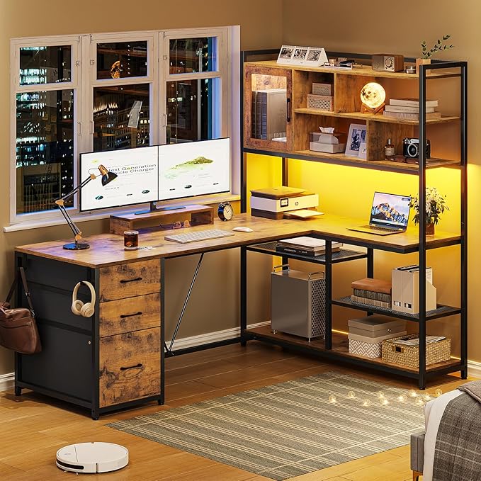 SEDETA L Shaped Computer Desk 58'' Office Desk with 3 Drawers and Bookshelf L Shaped Corner Desk with Storage Shelves and LED Light for Home Office Gaming Desk L Desk Rustic Brown
