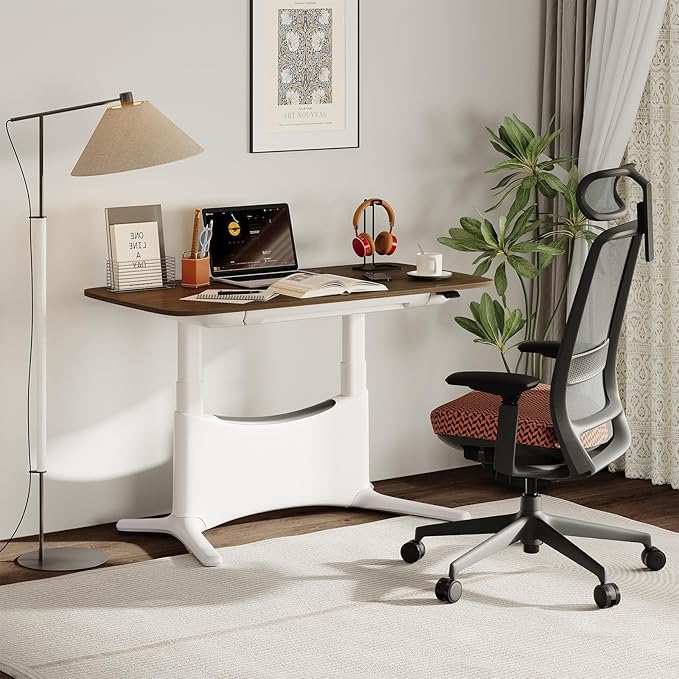 COLAMY Electric Adjustable Standing Desk – 48 x 28 Inch Sit Stand Desk with Drawer &amp Cable Management Dual Motor Lift System Ergonomic Footrest Home Office Table (MFC Desktop Walnut + White)