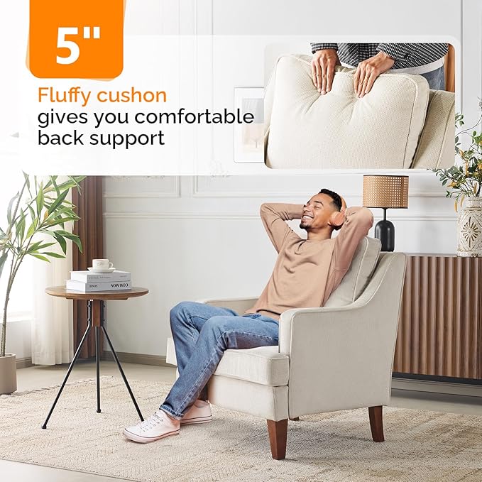 VINGLI Mid-Century Accent Chairs Beige Upholstered Armchair Comfy Sofa Chair Reading Chair High Back Living Room Bedroom Furniture for Apartment