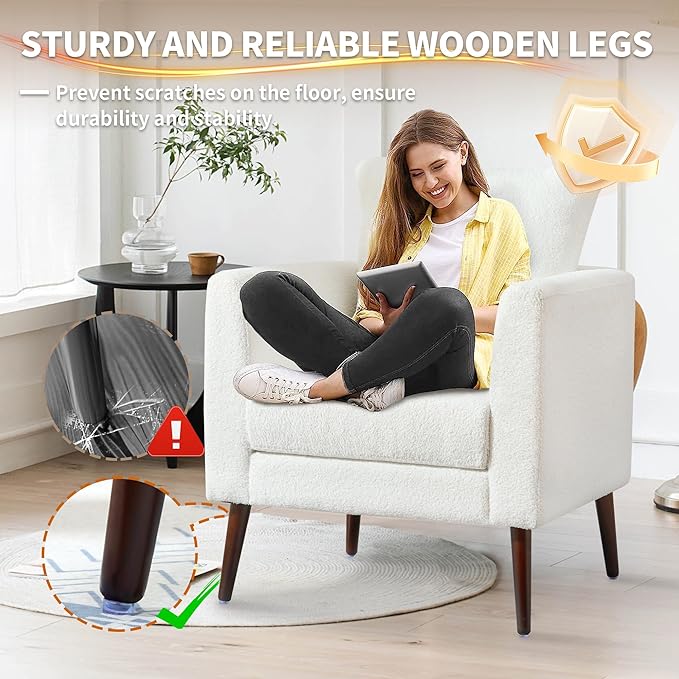 Comfy Accent Chair for Living Room Modern Fabric Upholstered Armchair with Solid Wood Legs Supportive Back Cushions and Easy Assembly White