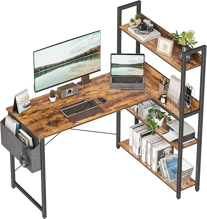 Treesland 47 Inch Computer Desk with Bookshelf Corner Desk with Storage L Shaped Desk Home Office Desks Writing Study Desk for Bedroom Brown