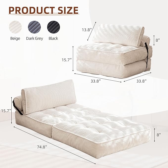GYUTEI Folding Sofa Bed Convertible Sleeping Chair with Backrest Support and Soft Corduroy FabricFold Couch Bed with Pillow for Small Spaces/Living Room/Bedroom/Apartment Single SizeBeige