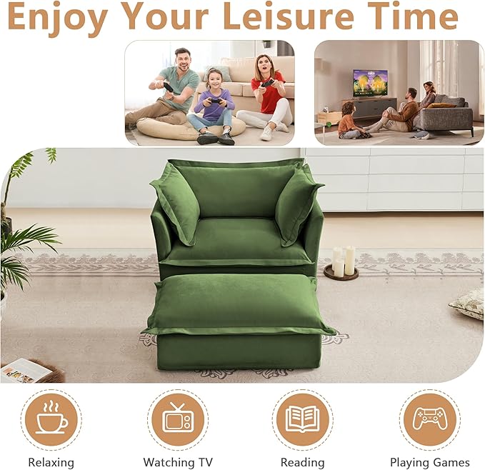 Modern Single Sofa Chair with Ottoman 49 Slipcovered Armchair Oversized Upholstered Accent Chair Comfy Cloud Deep Seat Sofa with 2 Throw Pillows for Living Room Apartment Chenille Green